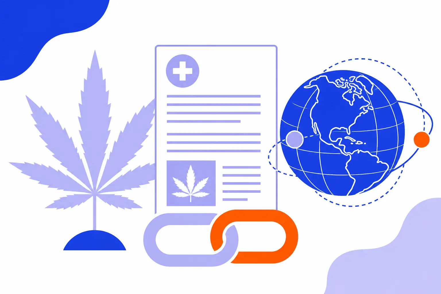 Corporate CBD and hemp publisher outreach with a document, globe, and backlink.