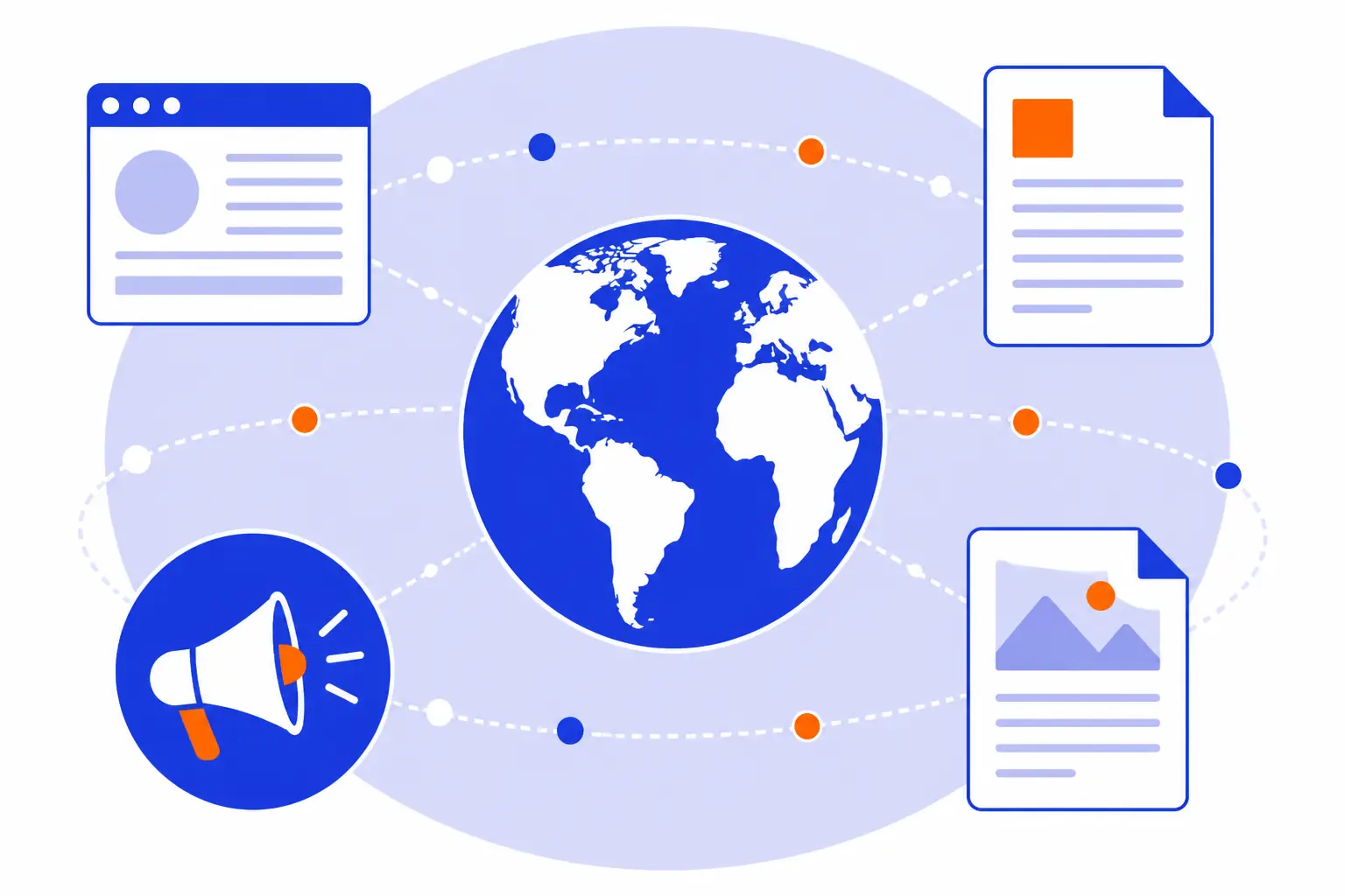 Digital PR as a globe connected to a megaphone, news window, press release, and blog post.