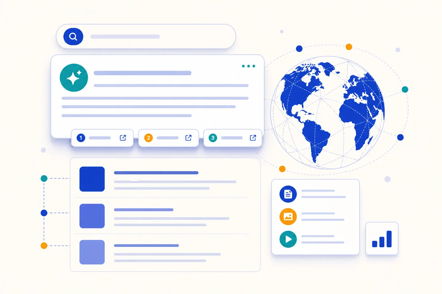 GEO desk as an AI answer box above search results with citation cards and a globe — no search-engine logos.