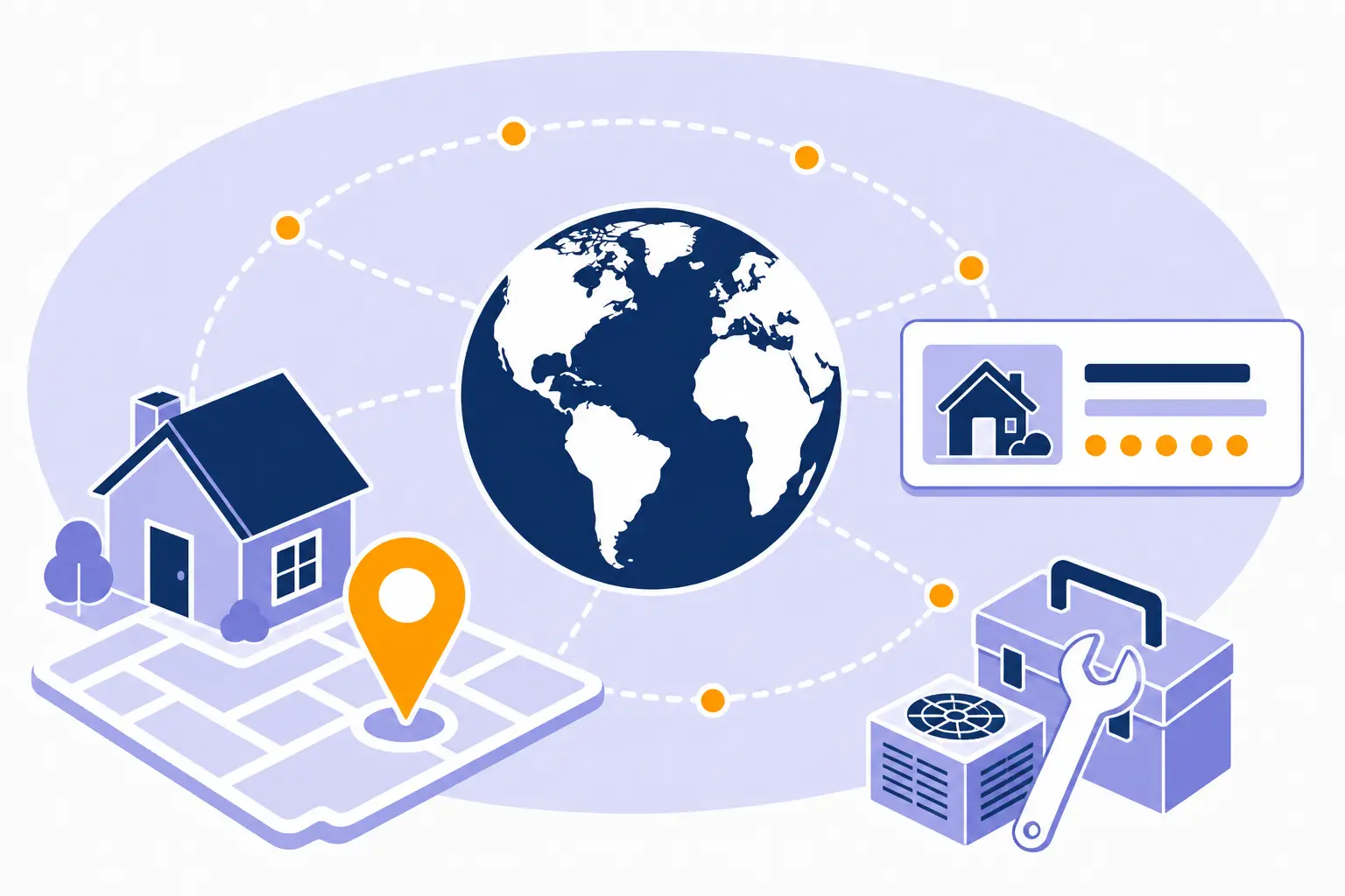 Home-services link building as a house, wrench, and globe.