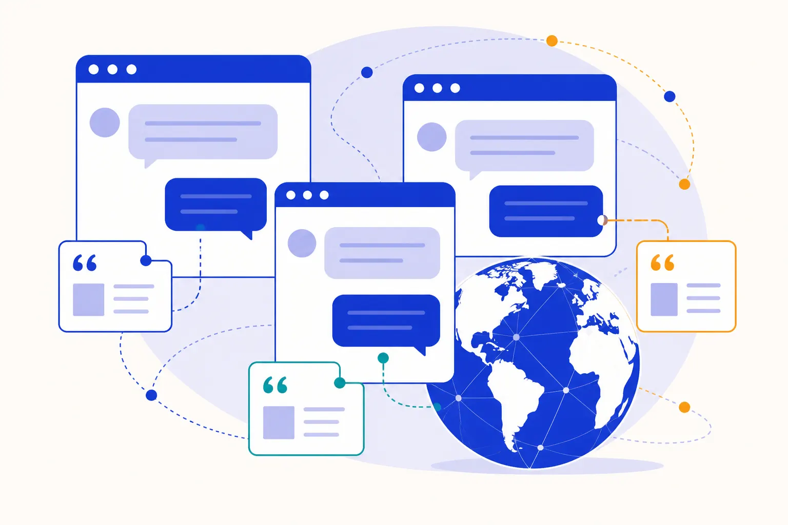 LLM citation desk as three chat panes, source cards, and a globe — no chatbot brand marks.