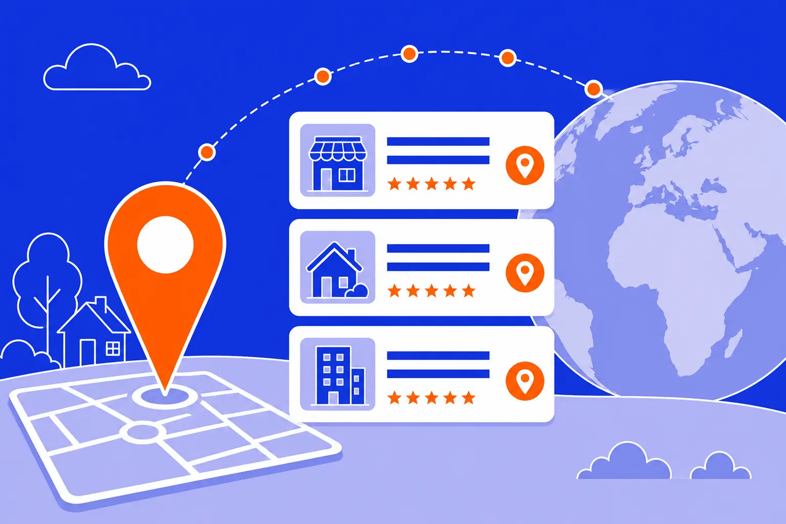 Local SEO backlinks as a map pin, business listing cards, and a globe.