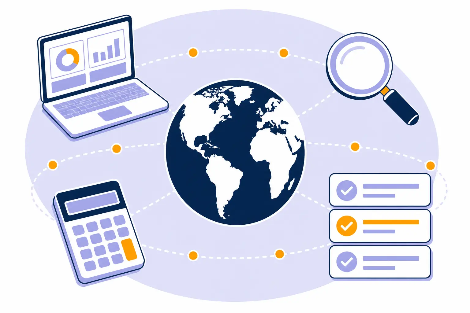 SEO checker tools as a laptop, metric cards, and a magnifying glass beside a globe.