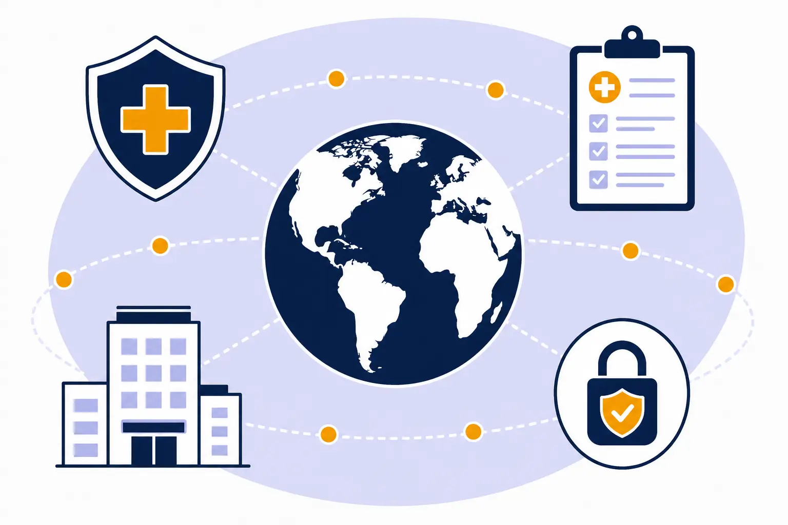 YMYL healthcare and insurance desk: shield, clipboard, and globe — no clinic brands.
