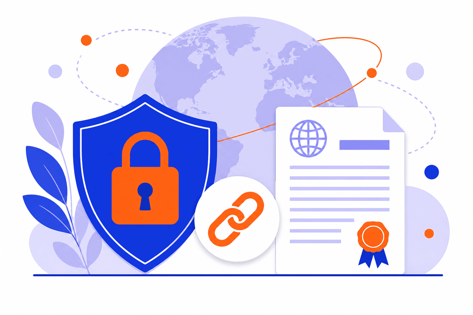 Restricted-industry link building shown as a lock, shield, certified document, and globe.