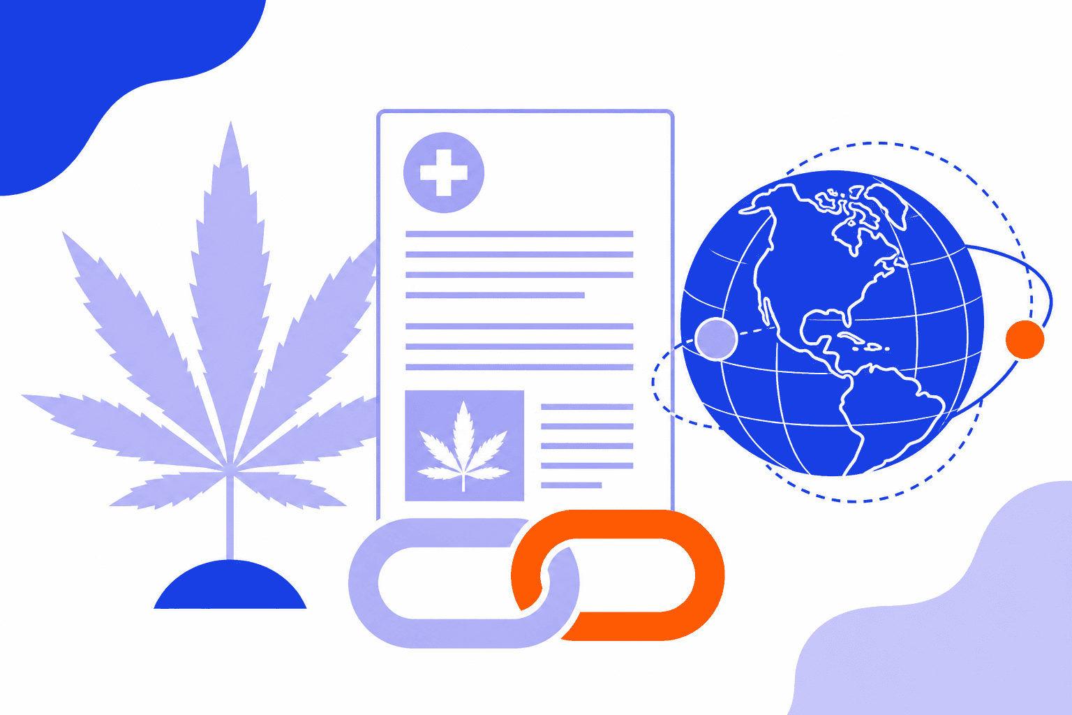 Corporate CBD and hemp publisher outreach with a document, globe, and backlink.