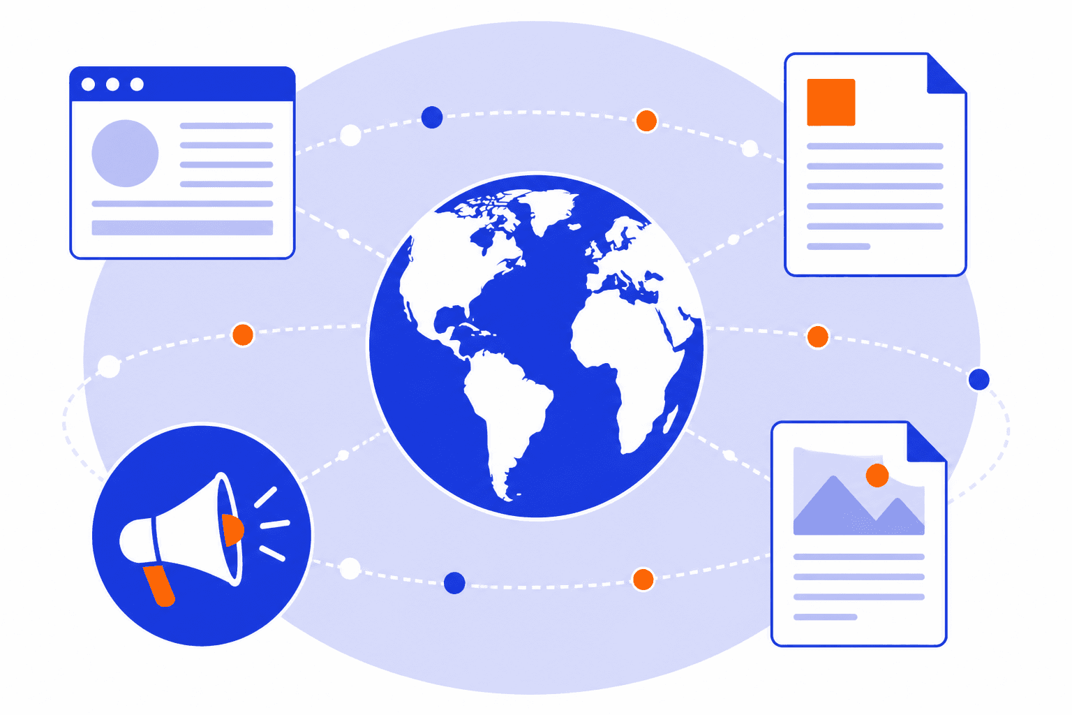 Digital PR as a globe connected to a megaphone, news window, press release, and blog post.