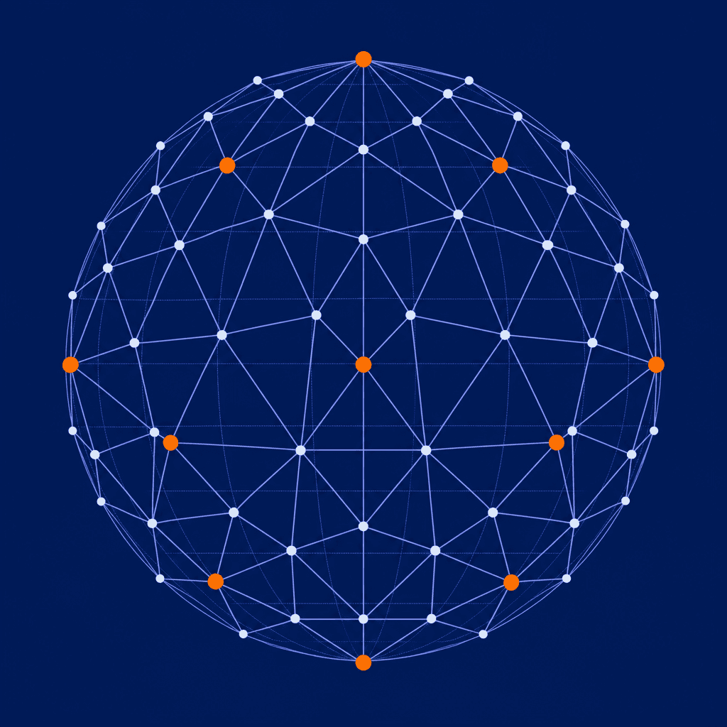 Global publisher network shown as a geodesic globe with connected nodes.