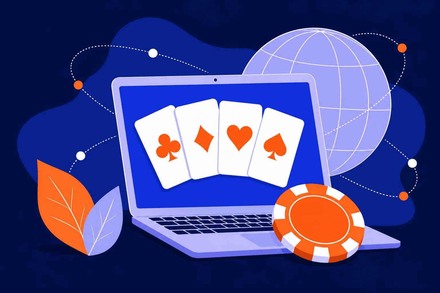 Stylized iGaming illustration featuring a laptop with playing cards, a casino chip, and a global network globe.