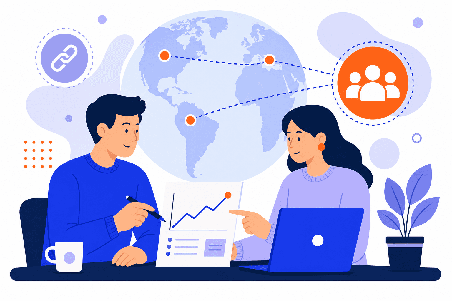 Two people collaborating on outsourced link building with a global publisher network.